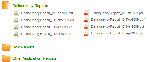 Delinquency, Hold and Other Application Report Folders Examples